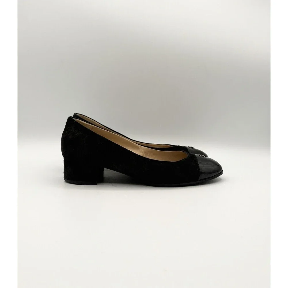 Chanel Black Suede Low Block Heels w CC Logo Cap Toe Accent Size EU 36